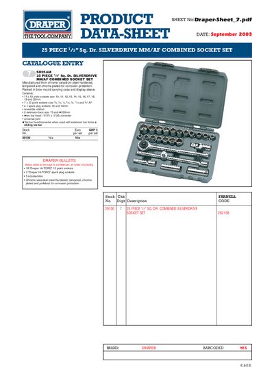 Draper SD25AM Silverdrive MM/AF Combined Socket Set Product Data Sheet - cover page