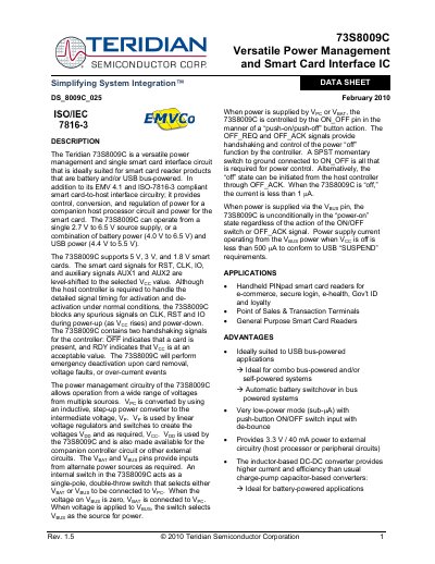 Teridian 73S8009C Data Sheet - cover page