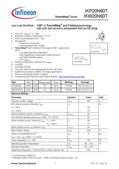 Infineon IKP20N60T IGBT Datasheet - cover page