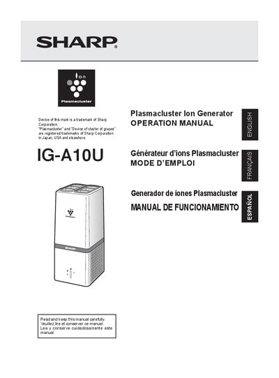 SHARP air purifier IG-A10UR IG-A10UW Operation Manual - cover page