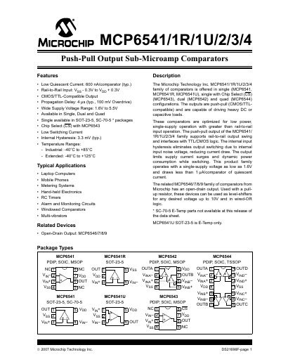 Microchip MCP6541/1R/1U/2/3/4 Datasheet - cover page