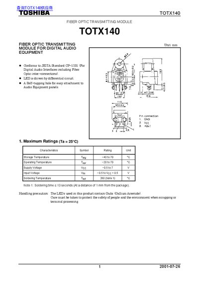 Toshiba TOTX140 Fiber Optic Transmitting Module Datasheet - cover page