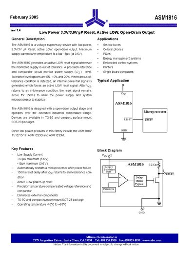 Alliance Semiconductor ASM1816 Datasheet - cover page
