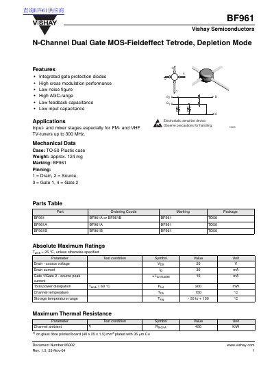 Vishay BF961 N-Channel Dual Gate MOS-FET Datasheet - cover page