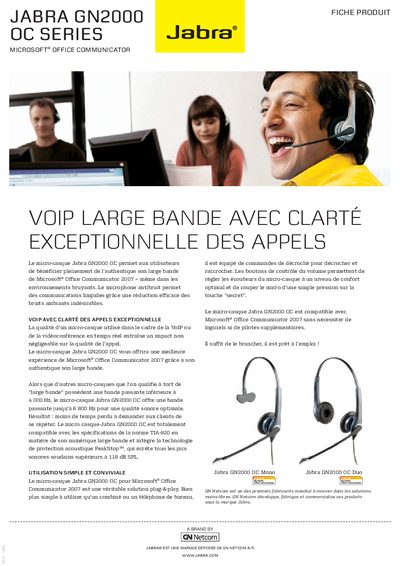 Jabra GN2000 OC Headset Product Sheet - cover page