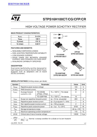 ST STPS16H100CT/CG/CFP/CR datasheet - cover page