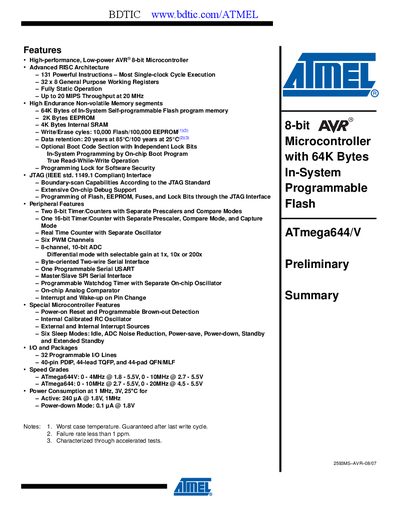 Atmel ATmega644/V Preliminary Summary Manual - cover page