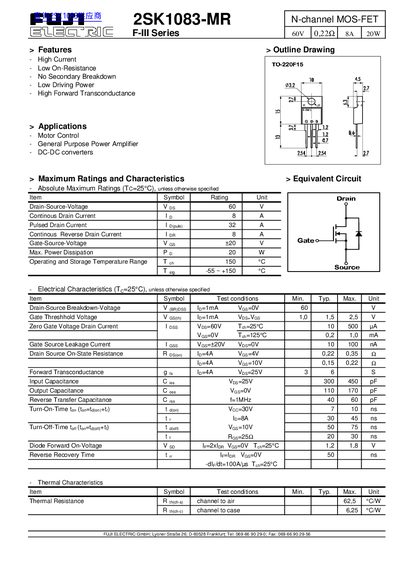 Fujielectric 2SK1083-MR N-channel MOSFET Datasheet - cover page