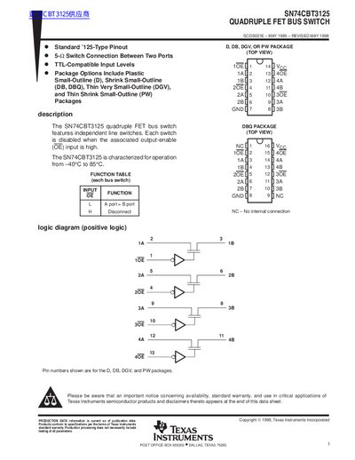 Texas Instruments SN74CBT3125 Quadruple FET Bus Switch Datasheet - cover page