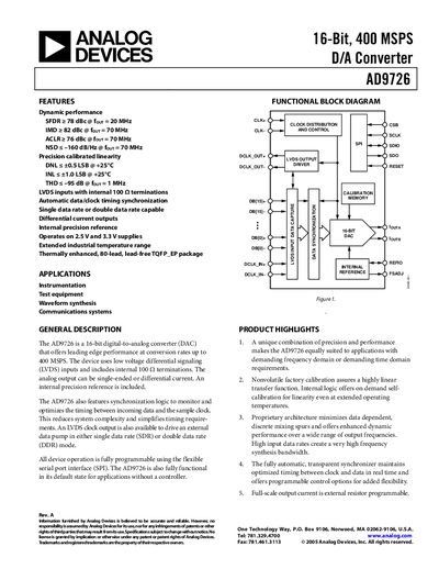 Analog Devices AD9726 16‑Bit 400 MSPS DAC Datasheet - cover page