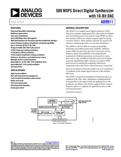 Analog Devices AD9911 500MSPS Direct Digital Synthesizer Data Sheet