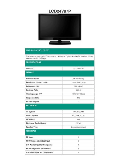 LCD24V87P V87 Series 24" LCD TV User Manual - cover page
