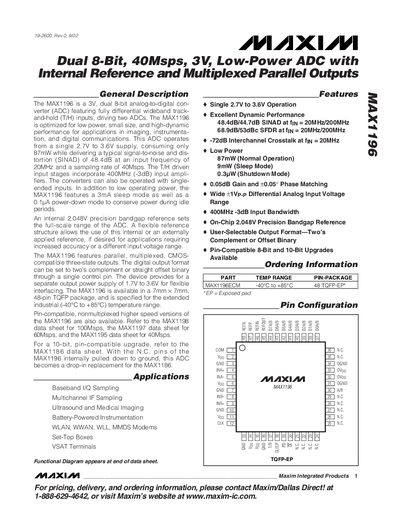 Maxim MAX1196 Dual 8‑Bit 40Msps 3V Low‑Power ADC Datasheet - cover page