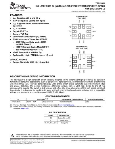 TEXAS INSTRUMENTS TS3USB30 HIGH-SPEED USB 2.0 (480-Mbps) 1:2 MULTIPLEXER/DEMULTIPLEXER SWITCH WITH SINGLE ENABLEhandbook - cover page