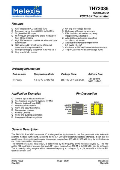 MELEXIS TH72035 868/915MHz FSK/ASK Transmitter Manual - cover page