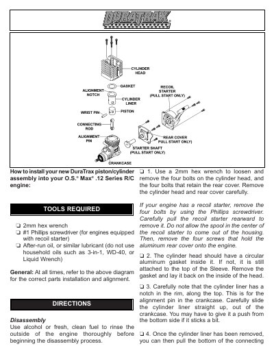 DuraTrax O.S. Max .12 Series R/C Engine Piston/Cylinder Assembly Installation Manual - cover page