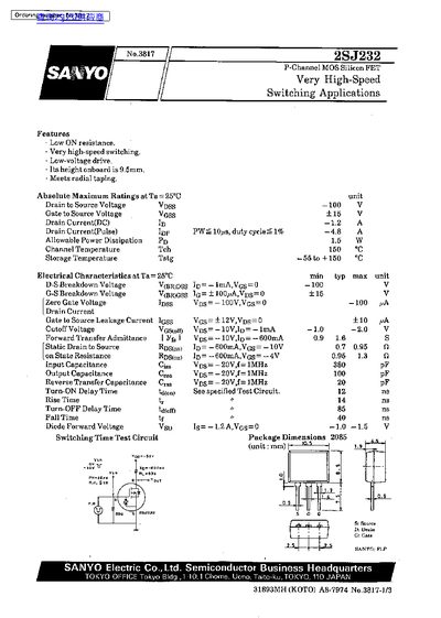 Sanyo 2SJ232 P-Channel MOSFET Datasheet - cover page