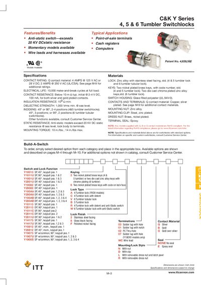 ITT C&K Y Series 4/5/6 Tumbler Switchlocks Data Sheet - cover page