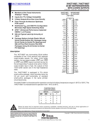 TEXAS INSTRUMENTS 54ACT16827 74ACT16827 20-BIT BUFFERS/DRIVERS WITH 3-STATE OUTPUTS handbook - cover page