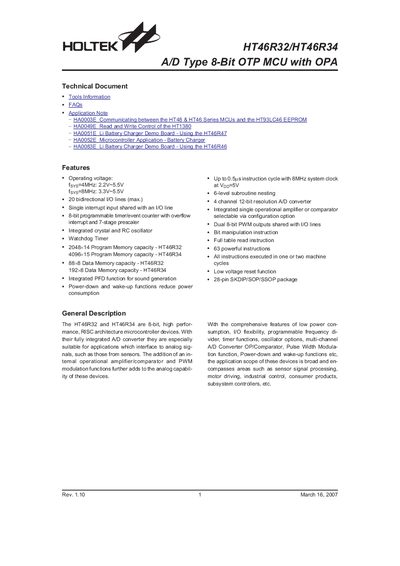 Holtek HT46R32/HT46R34 A/D Type 8-Bit OTP MCU Datasheet - cover page