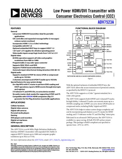 Analog Devices ADV7523A HDMI/DVI Transmitter Datasheet - cover page