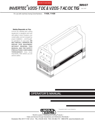 Lincoln Electric V205-T DC & V205-T AC/DC TIG Operator's Manual