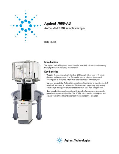 Agilent 7600-AS Automated NMR Sample Changer Data Sheet - cover page