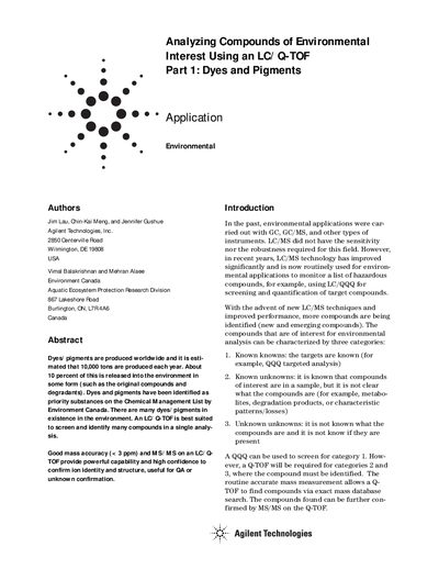 Agilent 6520 Q-TOF Application Note: Analyzing Dyes and Pigments - cover page