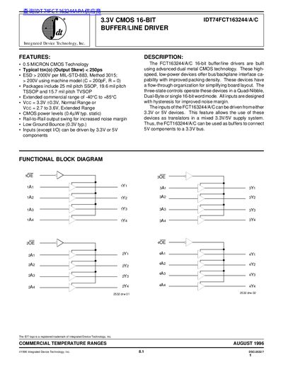 Integrated Device Technology IDT74FCT163244/A/C 16-Bit Buffer/Line Driver Datasheet - cover page