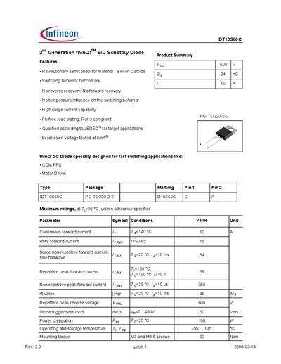 Infineon IDT10S60C Datasheet - cover page