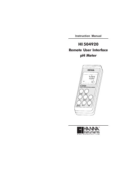 Hanna Instruments HI 504920 Remote User Interface pH Meter Instruction Manual - cover page
