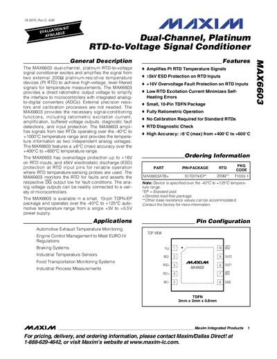 Maxim MAX6603 Dual-Channel RTD-to-Voltage Signal Conditioner Datasheet - cover page