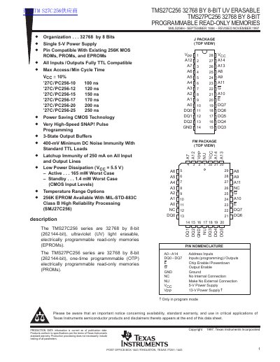 Texas Instruments TMS27C256/TMS27PC256 32768x8-Bit ROM Datasheet - cover page