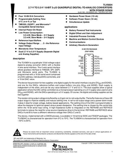 Texas Instruments TLV5604 Quad 10‑Bit DAC Datasheet - cover page
