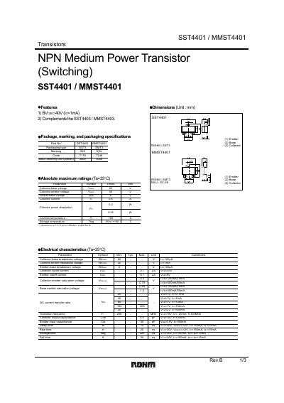 ROHM SST4401 / MMST4401 Transistor Datasheet - cover page