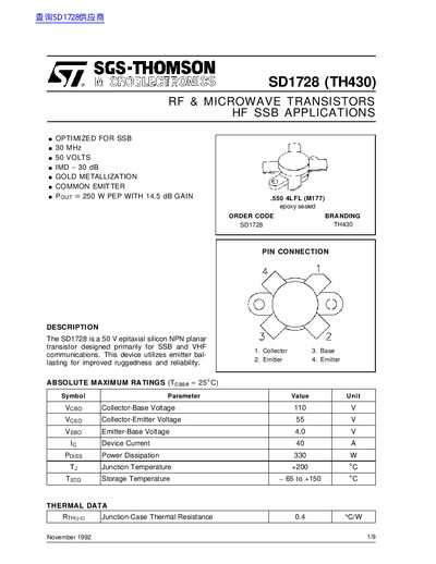 SGS-THOMSON SD1728 (TH430) RF Microwave Transistor Datasheet - cover page