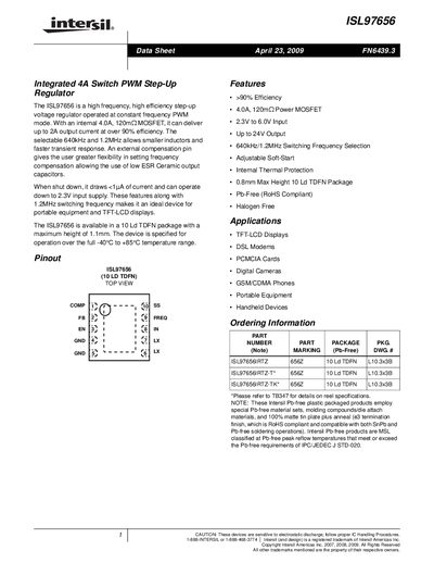 Intersil ISL97656 Step-Up Regulator Datasheet - cover page