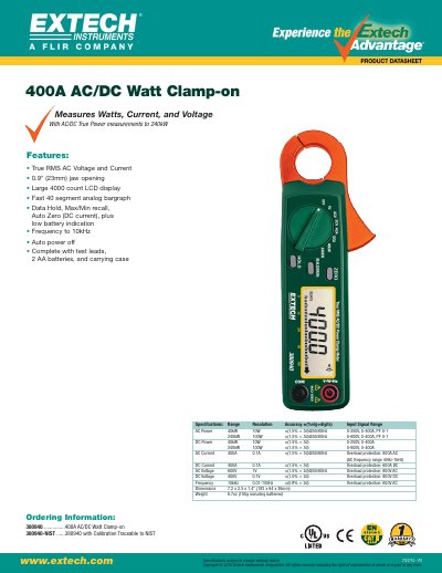 EXTECH 400A AC/DC Watt Clamp-on 380940-NIST user manual - cover page