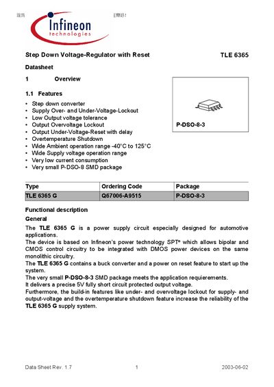 Infineon TLE 6365 Step‑Down Voltage Regulator with Reset Datasheet - cover page