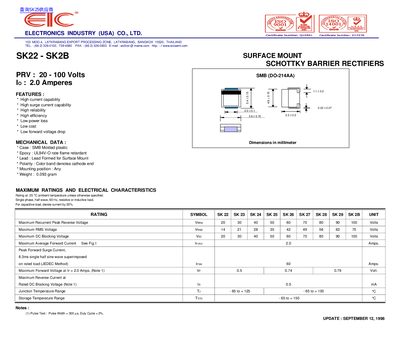 ELECTRONICS INDUSTRY (USA) CO. LTD SK22 - SK2B PRV : 20 - 100 Volts IO : 2.0 Amperes - cover page