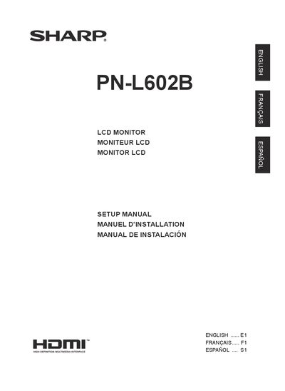 Sharp PN-L602B LCD Monitor Setup Manual - cover page