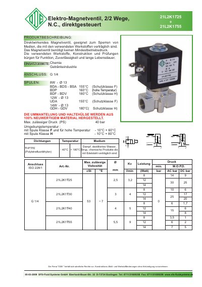 SFS-Fluid Systeme ODE 21L2K1T25 Solenoid Valve Datasheet - cover page