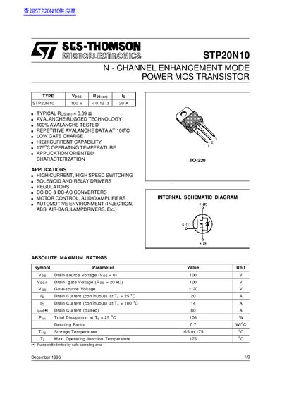 SGS-THOMSON STP20N10 Power MOSFET Datasheet - cover page
