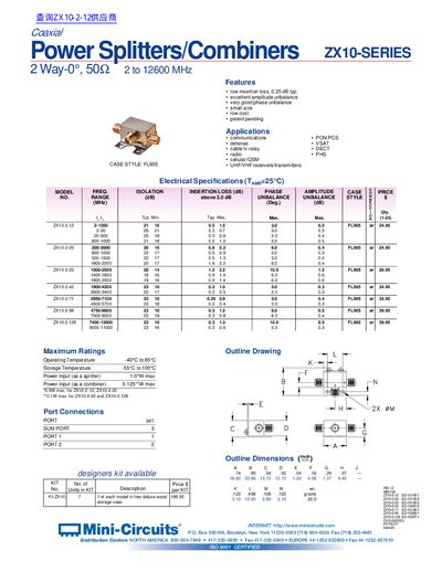 Mini-Circuits ZX10-Series Coaxial Power Splitter/Combiner Datasheet - cover page