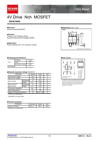ROHM RSH070N05 MOSFET Datasheet - cover page