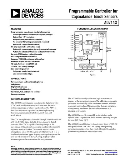 Analog Devices AD7143 Programmable Controller for Capacitance Touch Sensors Datasheet - cover page
