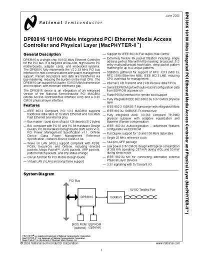 NATIONAL SEMICONDUCTOR - DP83816 10/100 Mb/s Integrated PCI Ethernet Media Access Controller Physical Layer (MacPHYTER-II) handbook