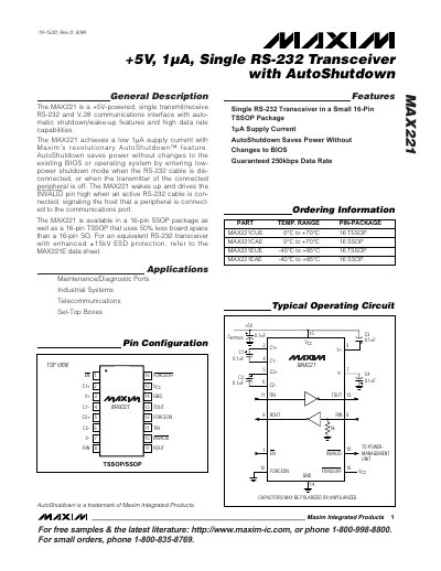 Maxim MAX221 RS-232 Communication Interface Chip Datasheet