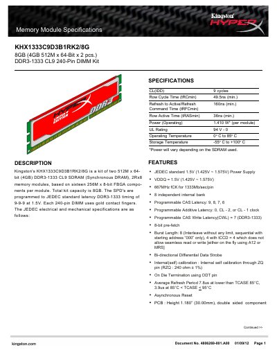Kingston KHX1333C9D3B1RK2/8G Memory Module Specifications Manual - cover page
