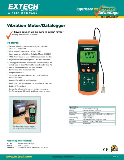 Extech SDL800 Vibration Meter/Datalogger User Manual - cover page